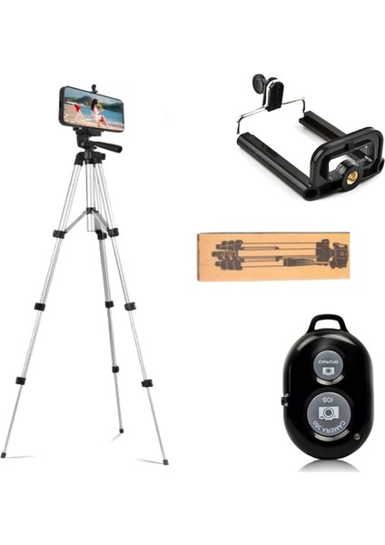 Bluetooth Lu Telefon Tutuculu Tripod 102 cm Kamera Telefon Tutuculu Canon, Nikon, Pentax, Sony Uyumlu (Gümüş) Profesyonel