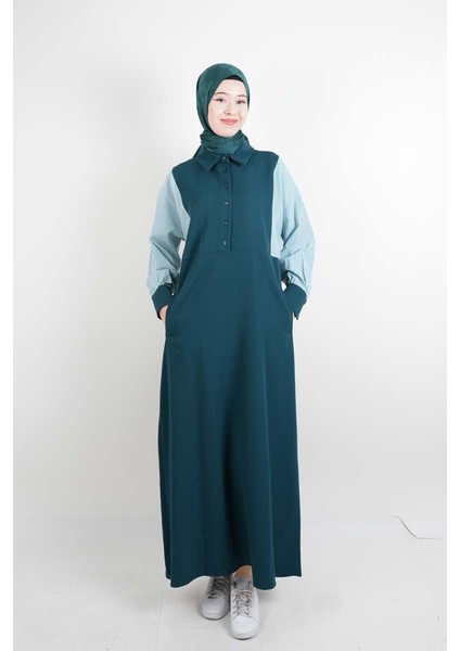 Tesettür Elbise Kol Gömlekli Double Krep Cepli Elbise Yeşil fiyatları