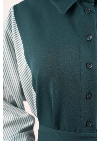 Tesettür Elbise Kol Gömlekli Double Krep Cepli Elbise Yeşil indirimleri