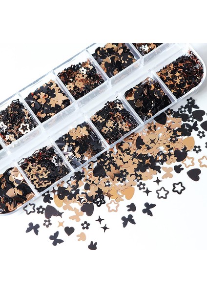 Siyah ve Gold Tırnak Süsleme Folyo Pulları Karışık Dizayn Kelebek Kalp Tavşan Yıldızlar Nail Art modelleri