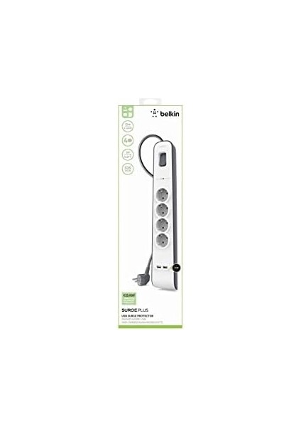 Surge Plus 4&apos;lü Priz, Yüksek Gerilim Korumalı (2,4 A, 2 M Kablolu 2 USB Bağlantısı Dahil) Beyaz/gri BSV401VF2M fiyatları