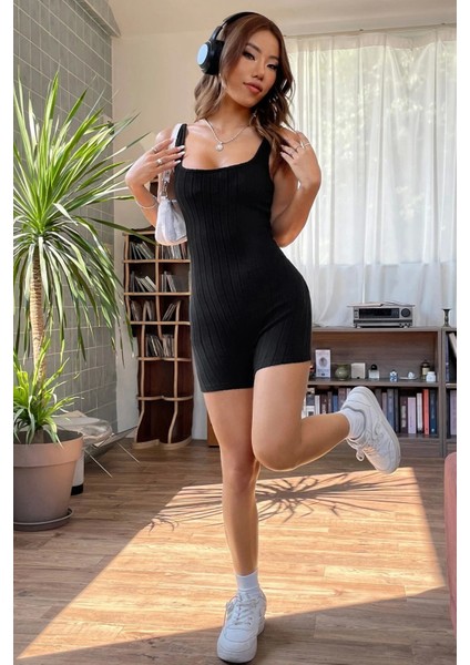 Kadın Siyah Kalın Askılı Şortlu Kaşkorse Tulum Gecelik fırsatları