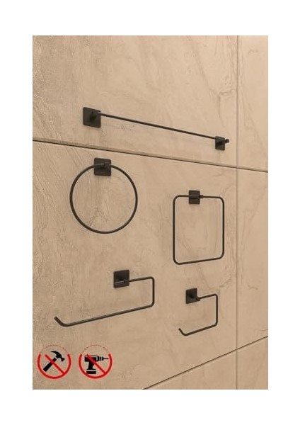 Banyo Yapışkanlı Aksesuar Seti Havluluk T.kağıtlık ve Peçetelik Kare Siyah 5 Li Set modelleri