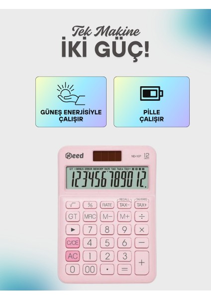 ND-10P 12 Haneli Geniş Ekranlı Hesap Makinesi – Pastel Pembe, Pilli ve Güneş Enerjili, Vergi Hesaplama Fonksiyonlu, Türkiye Üretimi indirimleri
