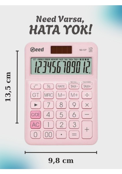 ND-10P 12 Haneli Geniş Ekranlı Hesap Makinesi – Pastel Pembe, Pilli ve Güneş Enerjili, Vergi Hesaplama Fonksiyonlu, Türkiye Üretimi
