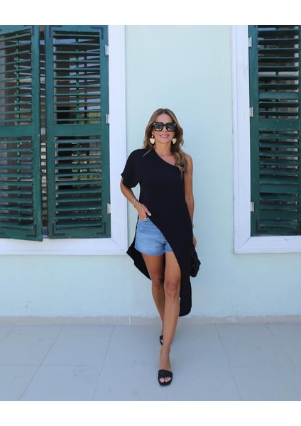 Kadın Tek Omuzu Açık Askılı Asimetrik Kesim Detaylı Bluz fırsatları