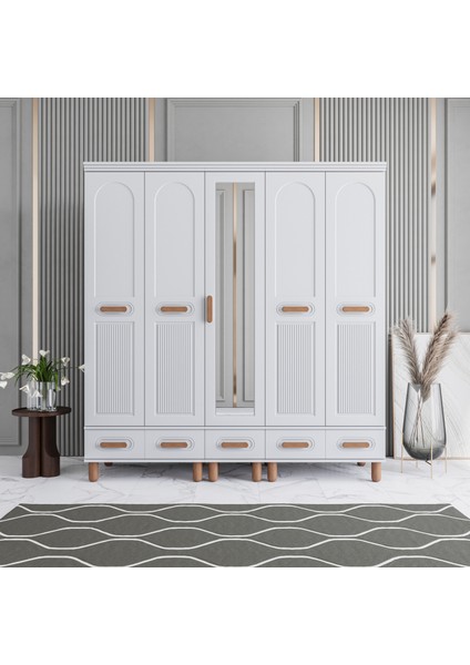 Otto 5 Kapaklı Çekmeceli Gardırop Tamamı Mdf (Beyaz)