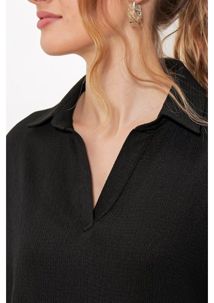 Siyah Oversize Polo Yaka Örme Bluz 0486 fırsatları
