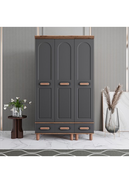 Otto 3 Kapaklı Çekmeceli Gardırop Tamamı Mdf (Antrasit)