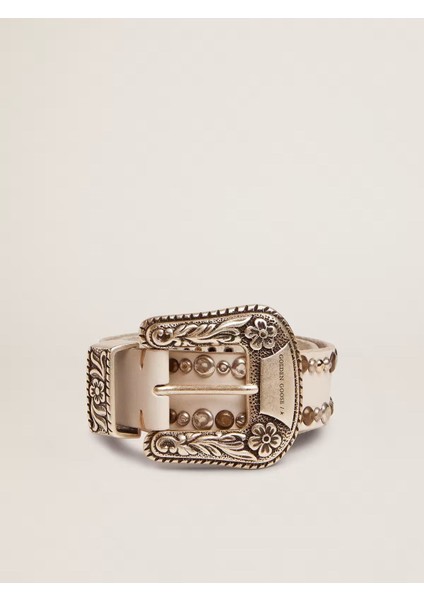 Renkli Çivili ve Süslemeli Tokalı Beyaz Deri Kadın Kemer