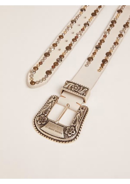 Renkli Çivili ve Süslemeli Tokalı Beyaz Deri Kadın Kemer fiyatları