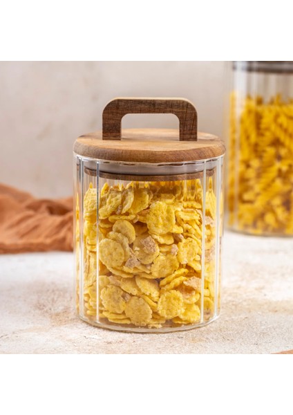 650 ml Yüksek Borosilikat Cam Kavanoz – Akasya Kapaklı, Çizgili, Kulplu