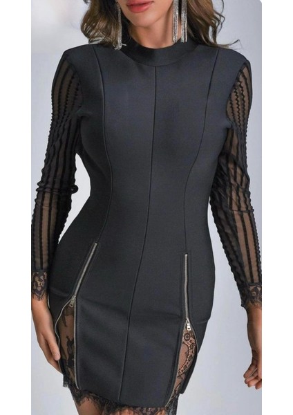 Kadın Kolları ve Etek Ucu Dantel Detay Fermuar Dekolteli Skuba Kumaş Mini Elbise