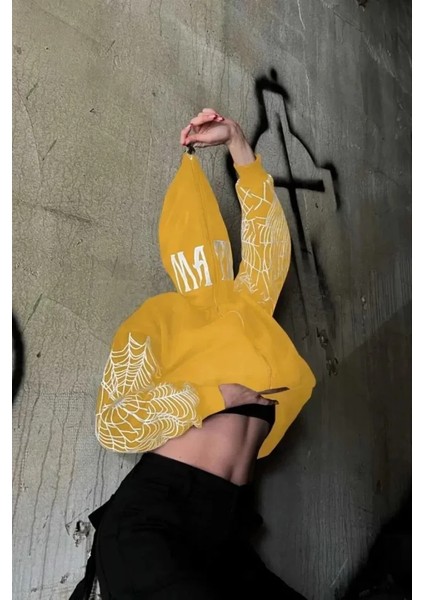 Iki Iplik Örümcek Baskılı Oversize Hırka - Sarı