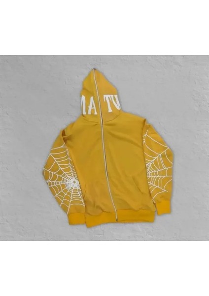 Iki Iplik Örümcek Baskılı Oversize Hırka - Sarı fırsatları