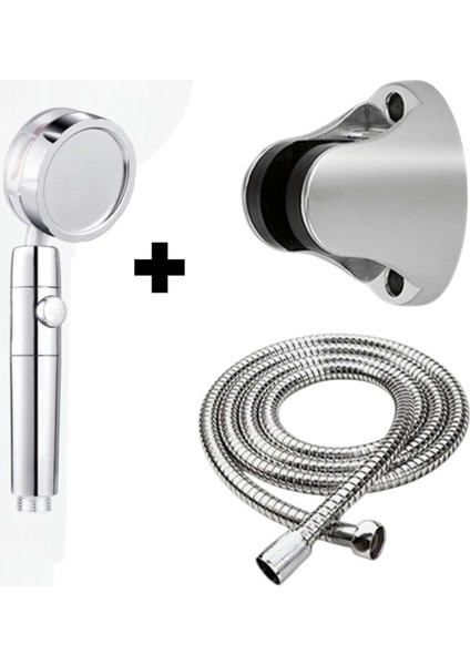 Turbo Fanlı 3'lü Set Gri 5 Fonksiyonlu Turbo Jet Pervaneli Duş Başlığı+ Örgülü Hortum+Askı Aparatı