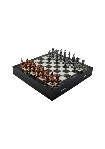 Orta Boy Metal Truva-Sparta Satranç Takımı Antik ve Mermer Desenli Sandıklı Mdf Tahtası (36X36X6 Cm.)