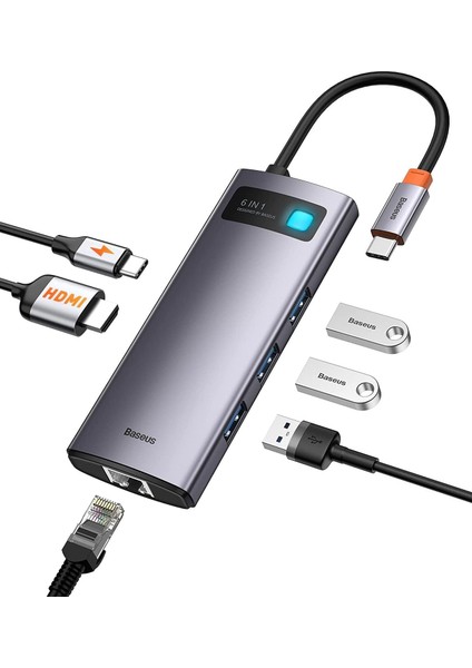 Metal Gleam 6 In 1, Çok Fonksiyonlu Bilgisayar/telefon Hub Adaptörü, Gri, Bağlantı Sayısı: 6, Giriş: USB Type C, Çıkış: USB Type A 3.0 x 3, USB Type C (Pd),seyahat Boy