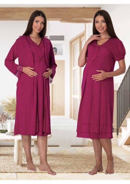 Dvina Effortt Lohusa Sabahlıklı Gecelik Takımı Fuşya - 8025