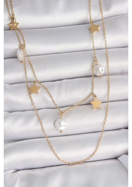 316L Çelik Gold Renk 2'li Zincir Sallantı Yıldız Inci Model Kadın Kolye