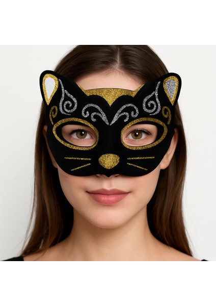 Kadife Dokulu Sim Detaylı Işıltılı Kedi Maskesi Altın Gümüş 20X13 cm