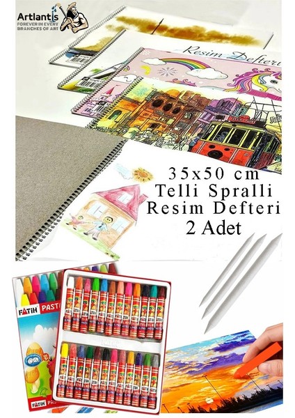 24 Renk Fatih Pastel Boya 35X50 cm Telli Spralli Resim Defteri Pastel Dağıtma Kalemi 15 Yaprak Resim Defteri Yağlı