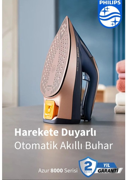Akıllı Sensörlü Kumaşa Göre Isı Ayarlayan Azur Buharlı Ütü 8000 Serisi, 260g Turbo Şok Buhar, 3000W+ Tüy&Tiftik toplama Makinesi