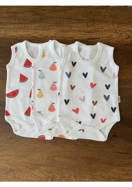 3 Adet Kolsuz Bebek Badi Body Zıbın Alttan Çıtçıtlı Bisiklet Yaka Yenidoğan Kalp Armut Karpuz Desen