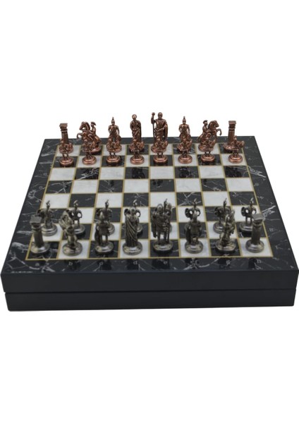 Orta Boy Metal Roma Satranç Takımı Antik ve Mermer Desenli Sandıklı Mdf Tahtası (36X36X6 Cm.)