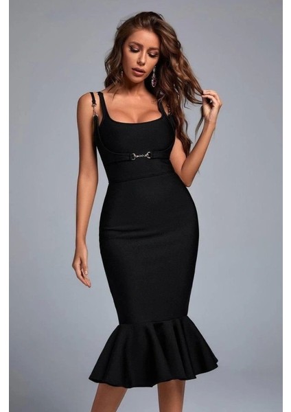 Kadın Omuz Askılı Sırt Dekolteli Interlok Kumaş Midi Kalem Elbise