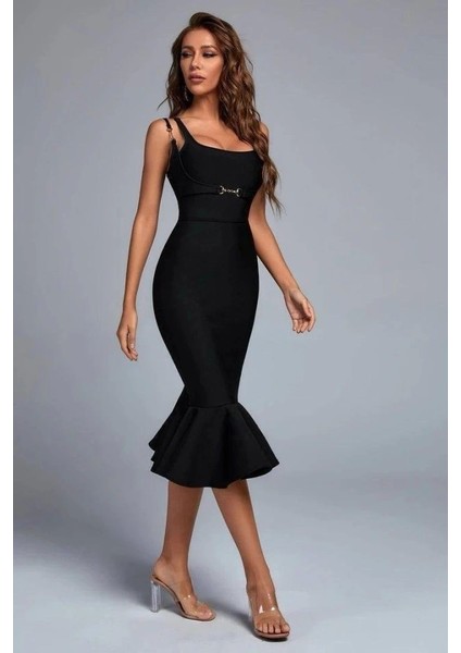 Kadın Omuz Askılı Sırt Dekolteli Interlok Kumaş Midi Kalem Elbise fırsatları