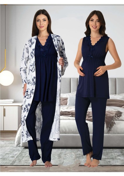 Dvina Effortt Lohusa Sabahlıklı Pijama Takımı Lacivert - 8034