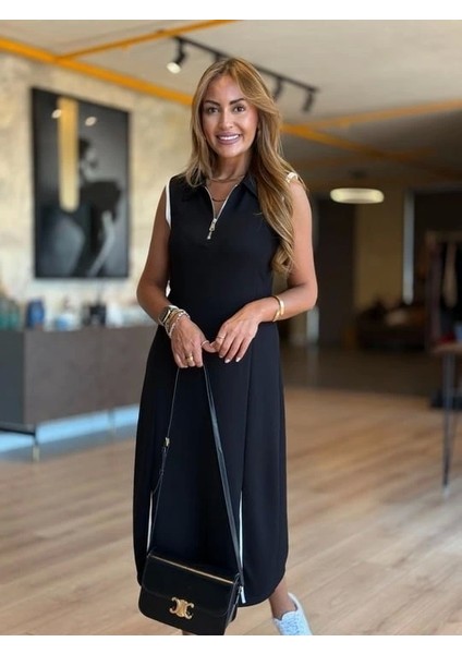 Kadın Modal Kumaş Fermuarlı Kolsuz Midi Boy Elbise