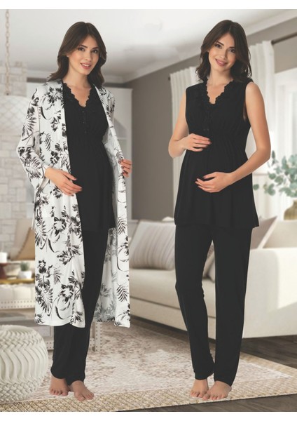 Dvina Effortt Lohusa Sabahlıklı Pijama Takımı Siyah - 8034