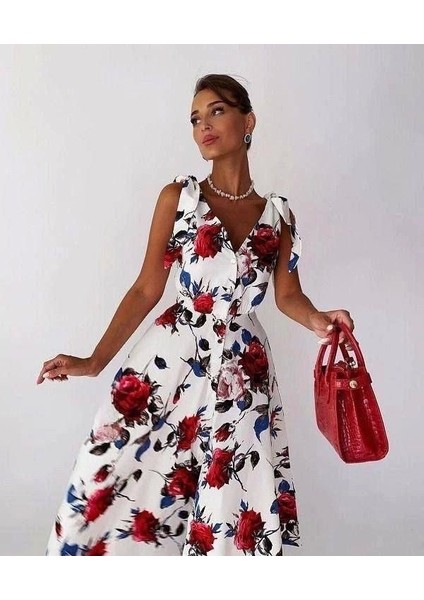 Kadın Omuz Kurdale Detay Çiçek Baskılı Midi Elbise fiyatları