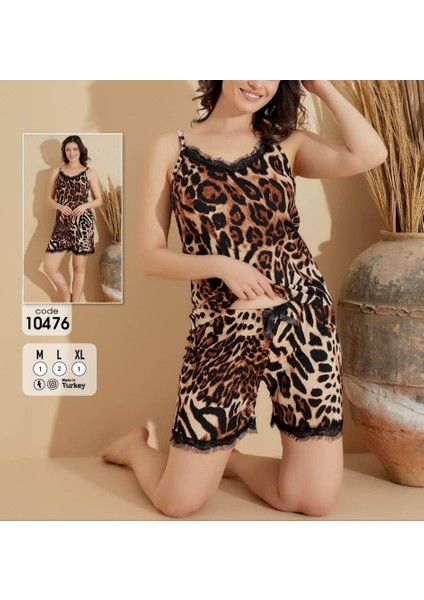 Şortlu Leopar Desen Askılı Yakası Dantel Ikili Takım