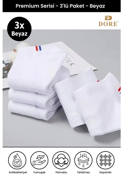 Orijinal Unisex 3 Çift Premium Sport Ter Emici Nefes Alan Pamuklu Kısa Patik Spor Çorap - Beyaz