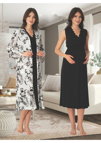 Dvina Effortt Lohusa Sabahlıklı Gecelik Takımı Siyah - 8035