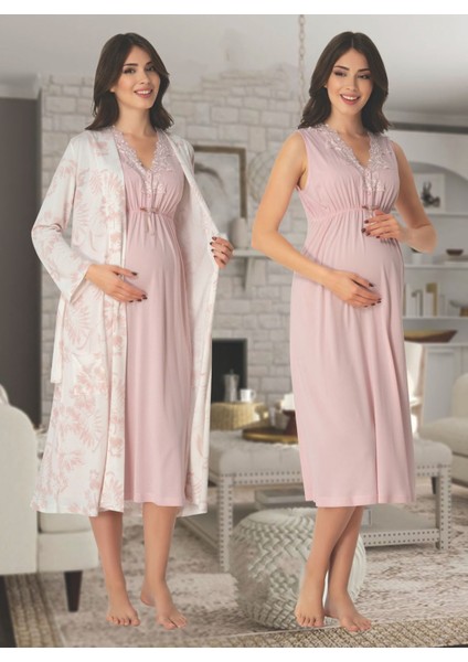 Dvina Effortt Lohusa Sabahlıklı Gecelik Takımı Pembe - 8035