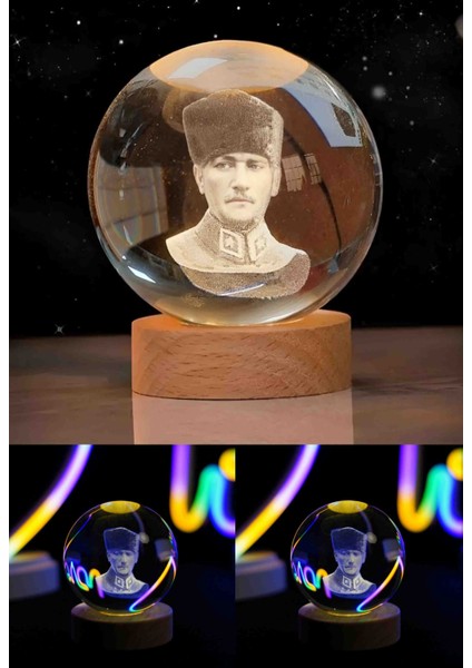 Mustafa Kemal Atatürk Portresi 3D Kristal Cam Küre Doğal Ahşap Standlı Usb'li Gün Işığı Lamba Dekoratif Hediyelik Seti