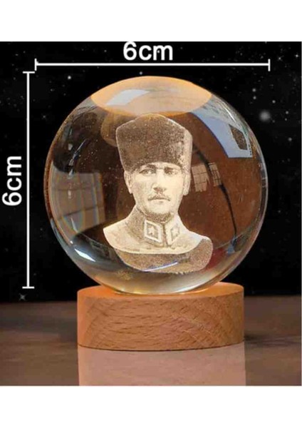 Mustafa Kemal Atatürk Portresi 3D Kristal Cam Küre Doğal Ahşap Standlı Usb'li Gün Işığı Lamba Dekoratif Hediyelik Seti modelleri