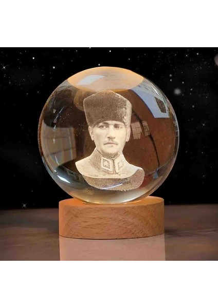 Mustafa Kemal Atatürk Portresi 3D Kristal Cam Küre Doğal Ahşap Standlı Usb'li Gün Işığı Lamba Dekoratif Hediyelik Seti fırsatları