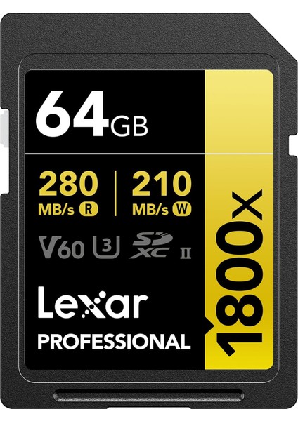 Sdxc Professional 64GB 1800X Uhs-Ii Gold Serisi Class 10 U3 V60 4K Video Kaydı Için, Siyah