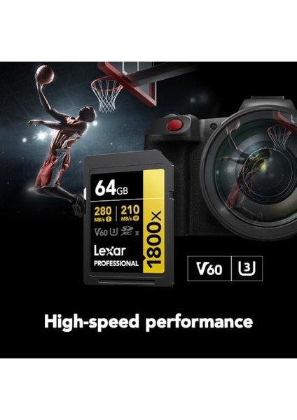 Sdxc Professional 64GB 1800X Uhs-Ii Gold Serisi Class 10 U3 V60 4K Video Kaydı Için, Siyah modelleri