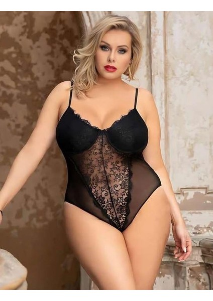 Büyük Beden Siyah Dantel Işlemeli Tül Fantezi Babydoll