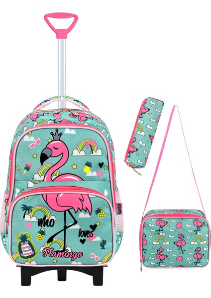 Flamingo Beslenme ve Kalemlikli 3'lü Set Ilkokul Çekçekli Çanta - Katlanır Ayak , Termal Beslenme