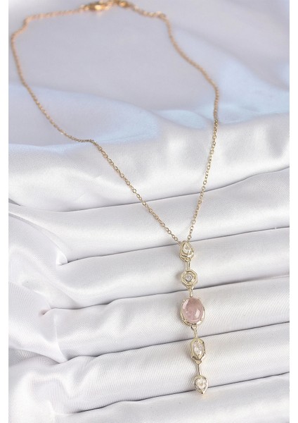 316L Çelik Zincir Gold Renk Pembe Zirkon Taşlı Y Kolye fiyatları