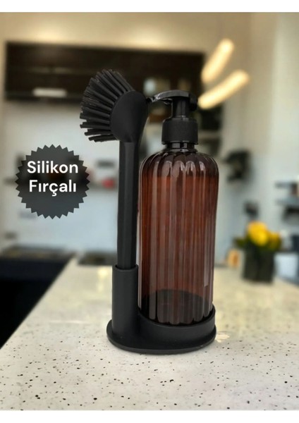 Sıvı Sabunluk Yumuşak Silikon Fırçalı Set -Bulaşık Deterjanı-Çamaşır Suyu - Amber Şişe 500 ml M-166