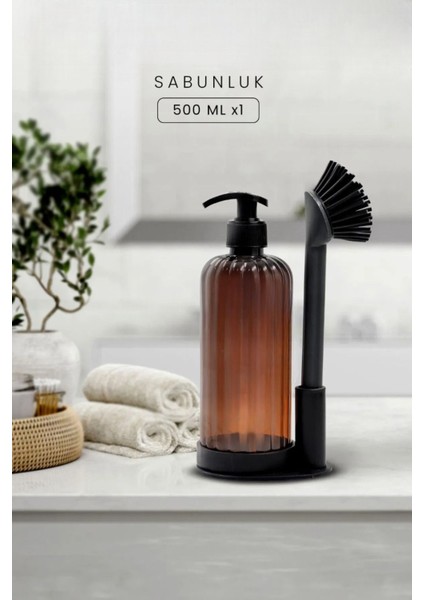 Sıvı Sabunluk Yumuşak Silikon Fırçalı Set -Bulaşık Deterjanı-Çamaşır Suyu - Amber Şişe 500 ml M-166 modelleri