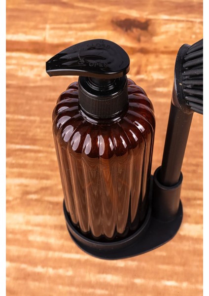 Sıvı Sabunluk Yumuşak Silikon Fırçalı Set -Bulaşık Deterjanı-Çamaşır Suyu - Amber Şişe 500 ml M-166